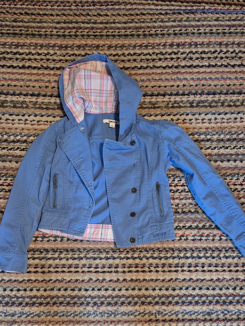 DKNY Girls Light Blue Hooded Jacket with Plaid Lining